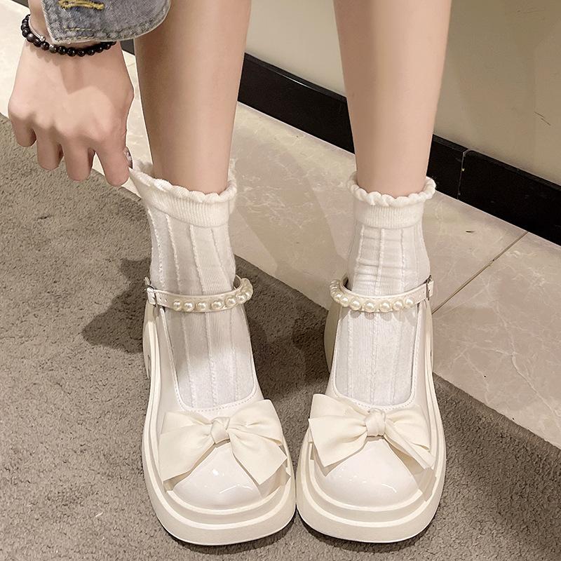 Модные туфли на толстом каблуке, маленькие кожаные туфли с жемчугом, весенняя платформа, высокий каблук, новая юбка с бантом, туфли Мэри Джейн женские