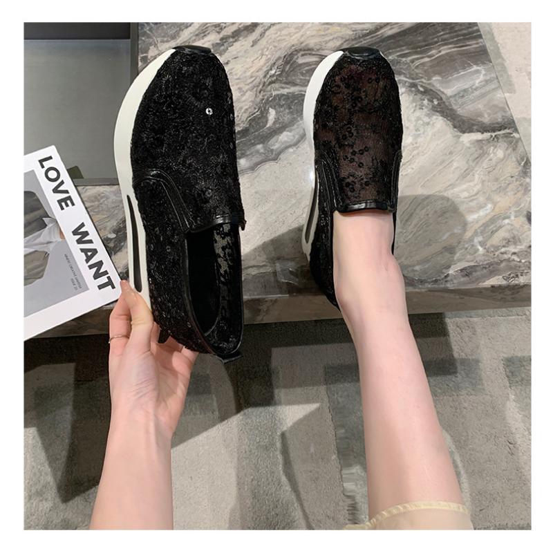 Женские одиночные туфли с приподнятой внутренней частью, весенне-летняя корейская версия, повседневная женская обувь с кружевной сеткой и пайетками, на толстой подошве