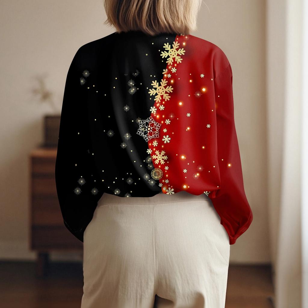 Женская рубашка-блузка с рождественским принтом и пуговицами, длинный рукав, повседневный базовый рубашечный воротник, обычный топ