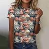 Summer Round Neck 3D Cartoon Cute Cat Print Top Fashionable Casual Short Sleeved Women's T-shirts