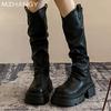 Fashion Women Platform High Boots Leather Knee High Flats Shoes Woman 2025 Trend Fashion New Winter Goth Motorcycle Boots Mujer Botas