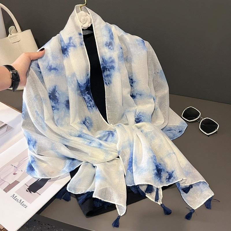 Plain Ombre Ink Painting Abstract Tassel Viscose Shawl Scarf Lady Tie-Dyed Wrap Pashmina Stole Bufandas Muslim Hijab 180*90Cm
