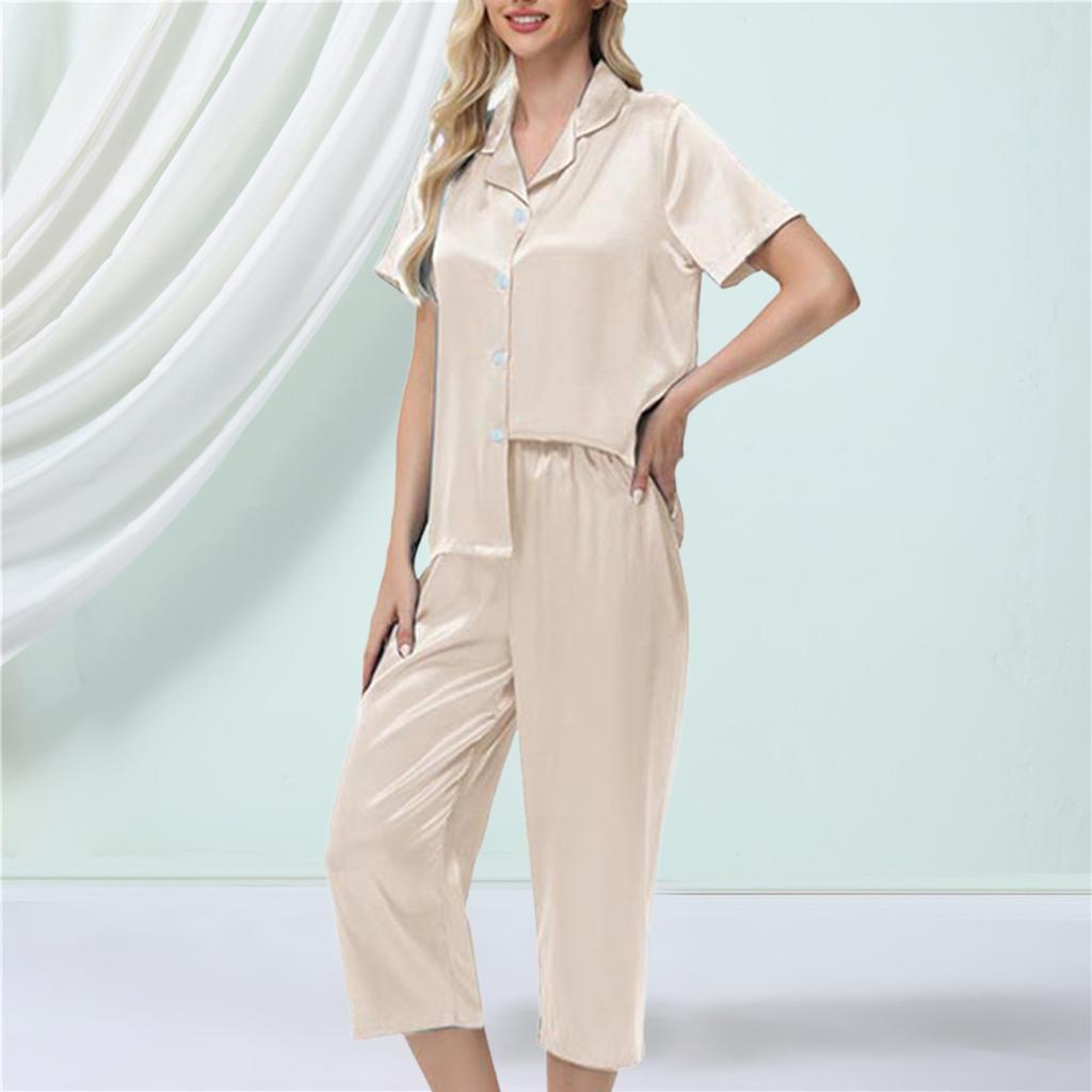 2 шт./комплект пижамы Ice Silk, рубашка с длинным рукавом и застежкой на пуговицы, эластичный пояс, широкие укороченные брюки, домашняя одежда, повседневный наряд, весенняя одежда для сна