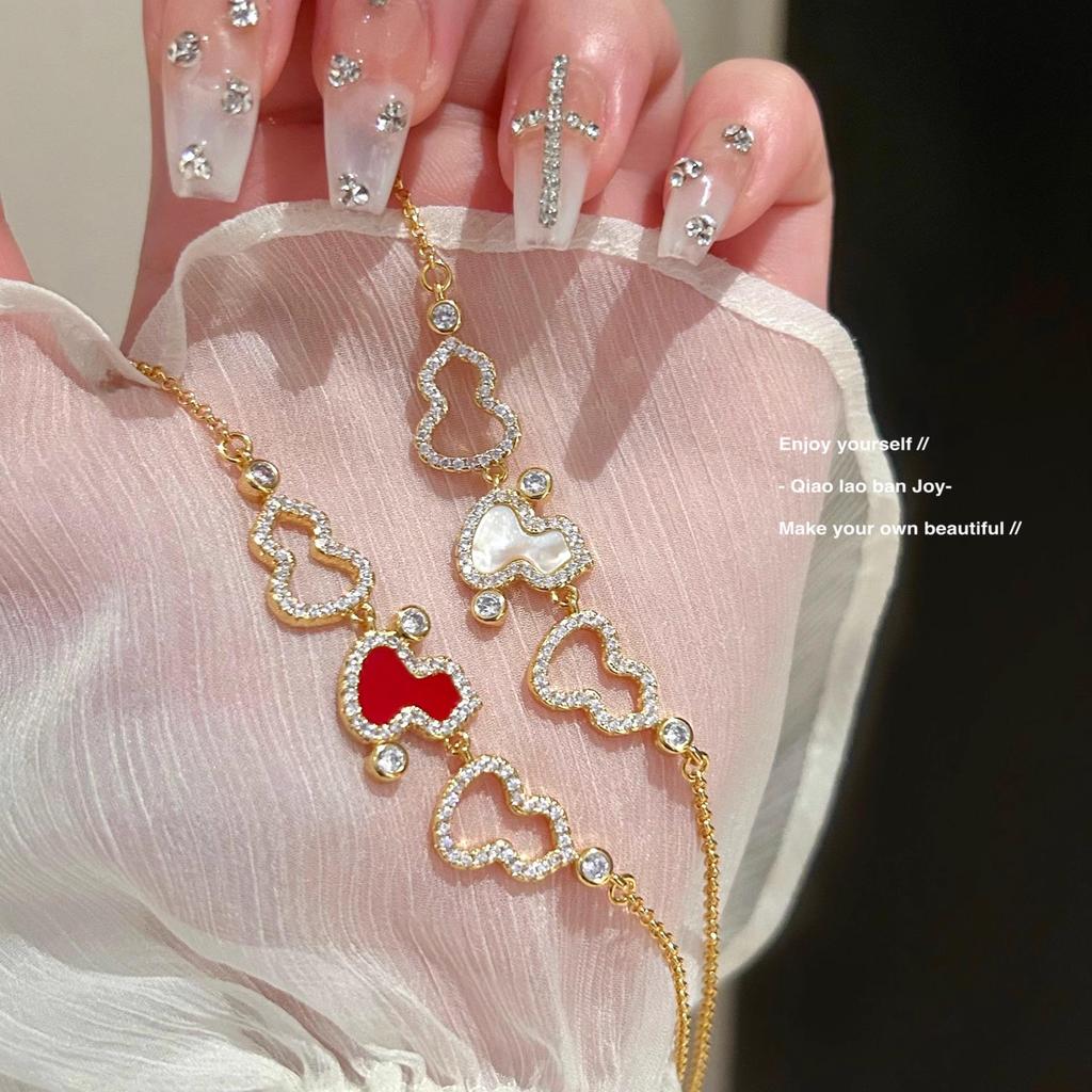 Gourd Necklace: White Mother-of-Pearl & Burgundy Gold On Luxurious Clavicle Chain with Sparkling Diamond Texture