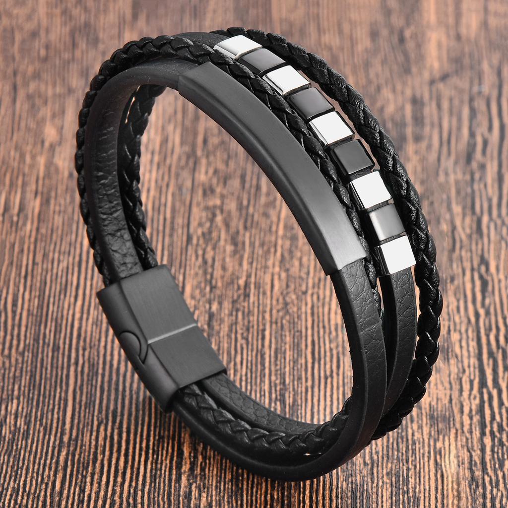 Men's Black Leather Bracelet Double Layer Rope Simple Stainless Steel Braided Handmade Wristband Outdoor Jewelry Accessories