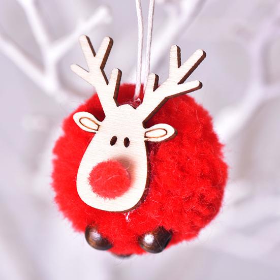 Pom Pom Reindeer Christmas Ornament Plush Elk Hanging Ornaments Wooden Deer Slices Xmas Tree Pendants for Home Party Holiday Decor