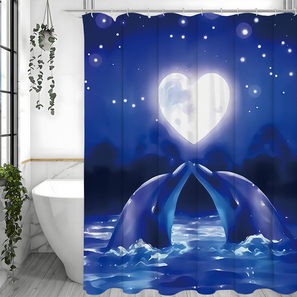 День Святого Валентина Любовь Луна Дельфин Занавеска для душа, Декоративная занавеска для душа для ванной, Водонепроницаемая занавеска для душа с крючками