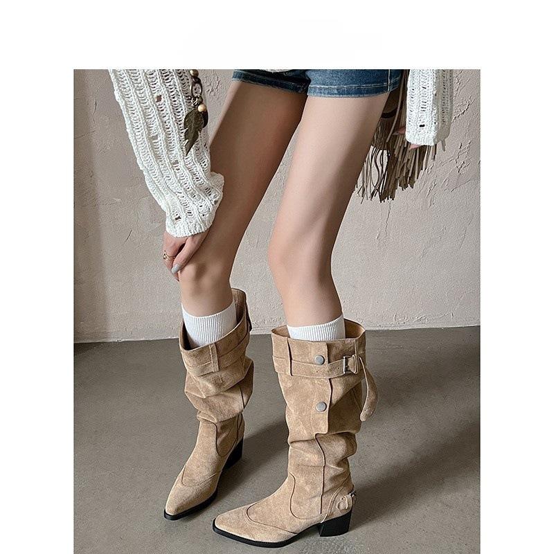 Wasteland Style Fashion Pointed Big Tube Around Piling Boots Women's Thick Heel Pointed High Heel Boots Versatile Boots