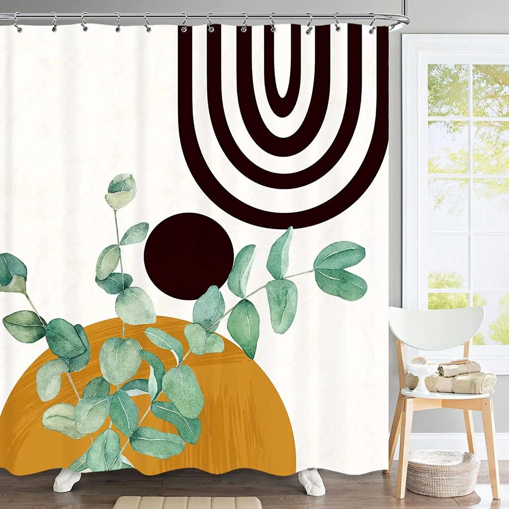 unframed Abstract Neutral Leaves Simple Bathroom Shower Curtain Mid Century Sun Minimalist Modern Polyester Fabric Decor Bathr