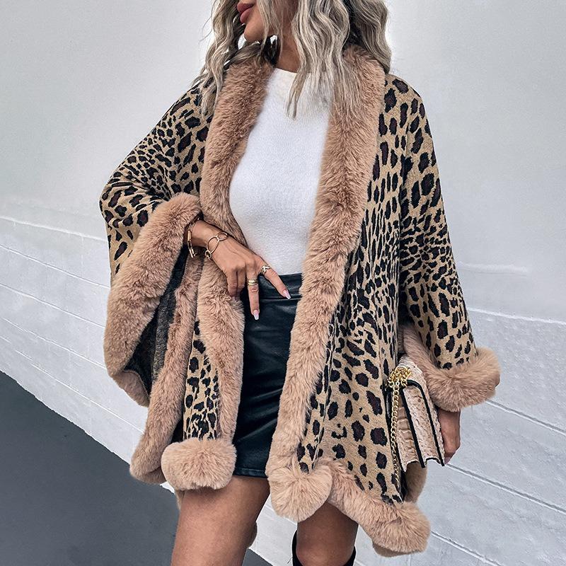 Women Autumn Winter Fur Collar Leopard Pattern Shawl Cardigan Fashion Vintage Batwing Sleeve Thick Warm Cape Coat
