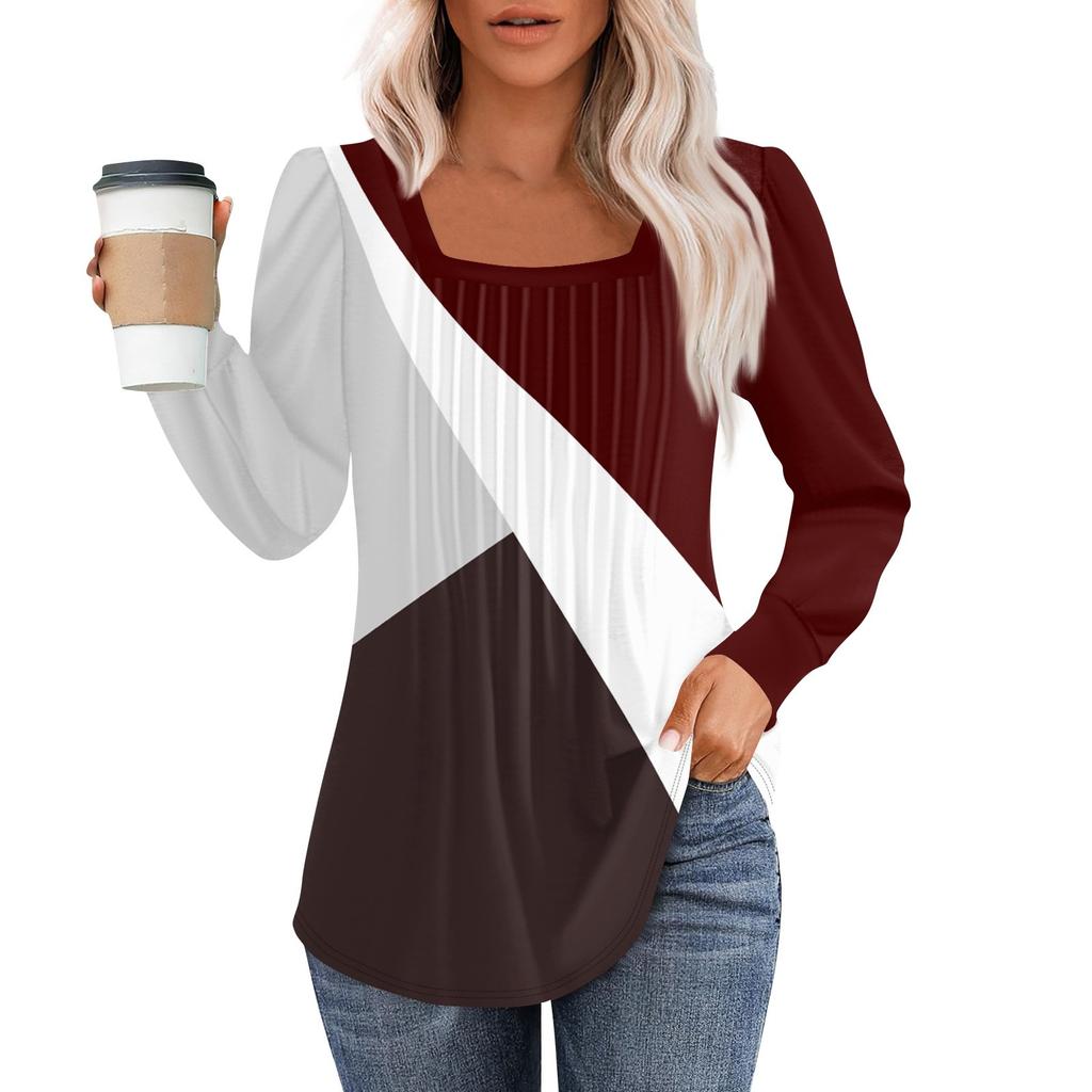 Рубашки с длинным рукавом для женщин, топы, нарядные повседневные блузки, плиссированные туники с квадратным вырезом