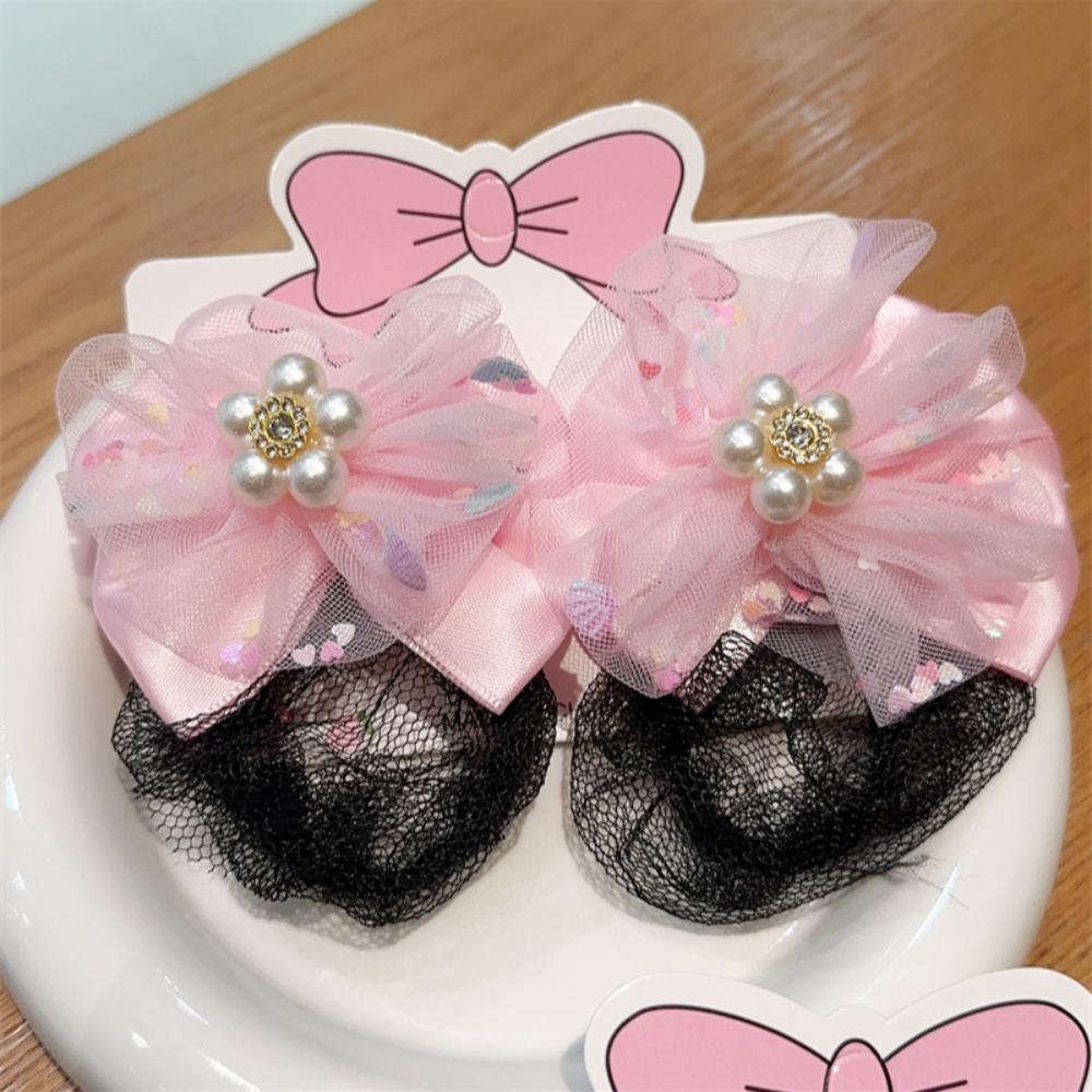 2PCS Mermaid Girls Elastic Hair Net Spring Clip Hair Bun Cover Sweet Ballet Hair Net  Kids
