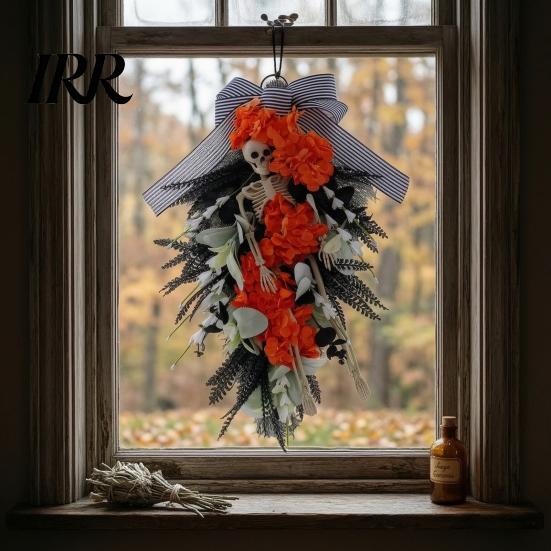 Built-in Lanyard Wreath Halloween Skeleton for Front Door, Spooky Skull Teardrop Swag with And Floral Arrangement Artificial Flowers Bow Gothic