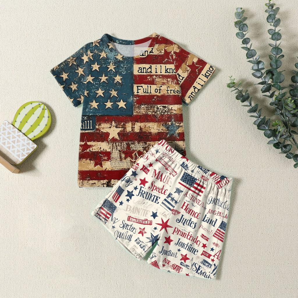 Мода для мальчиков девочек Повседневный комплект ко Дню независимости: футболка с круглым вырезом и короткими рукавами, шорты