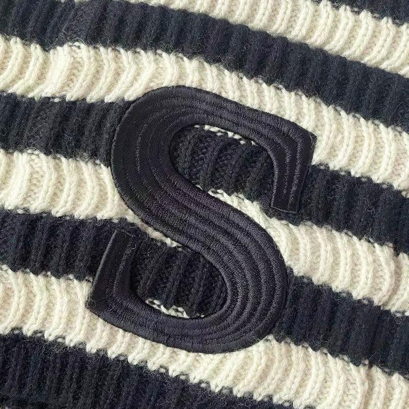 Женский полосатый вязаный кардиган с воротником «лепесток лотоса» на осень/зиму 2023 года - Элегантный шерстяной свитер в стиле «маленький аромат»