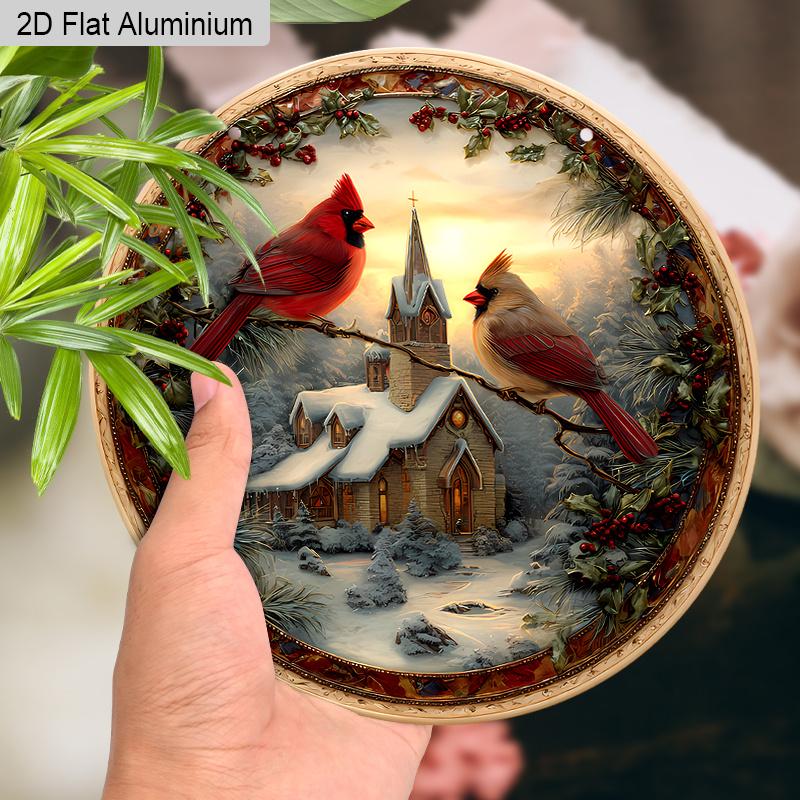 2D Flat Aluminium Cardinal Christmas Sign with Snow House Pattern - Warm Winter Figurine Ornaments - Ideal for Front Door, Wall, Porch, Window Decor