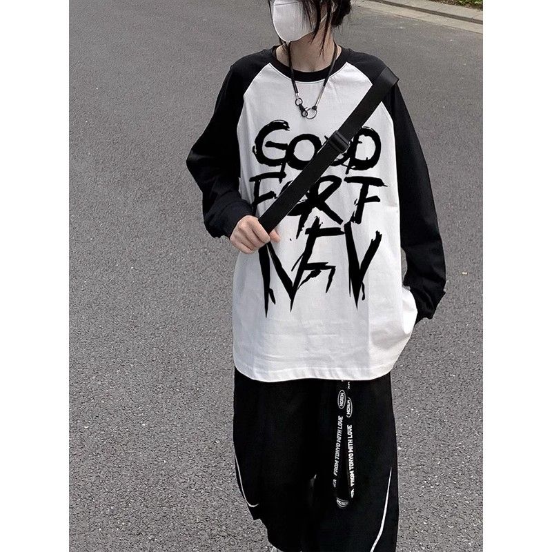 Женская футболка с буквенным принтом, осенне-зимняя, с длинным рукавом, в стиле пэчворк, модный ретро-топ с контрастным вырезом Y2K O-образным вырезом