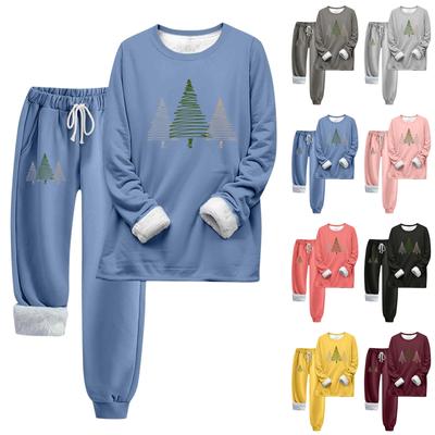 Комплект из двух предметов для женщин, теплый спортивный комплект с флисовой подкладкой, свитшот с круглым вырезом и длинными рукавами, с рождественским принтом, спортивные штаны с завязками на талии