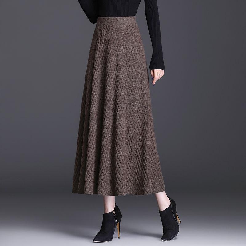 Осенне-зимняя женская утолщенная вязаная миди-юбка А-силуэта с высокой талией, облегающая, плиссированная расклешенная юбка