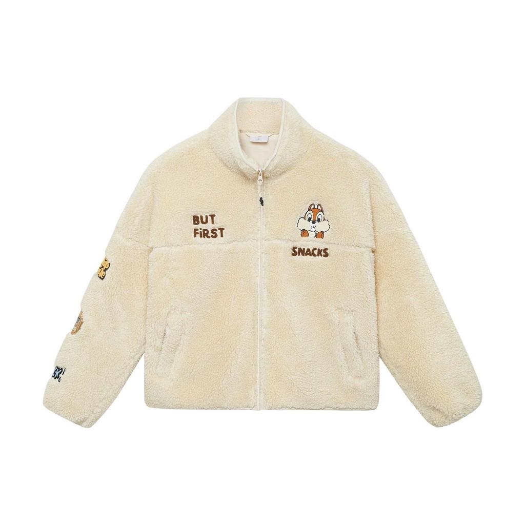 Li-Ning X Disney Chip N Dale Cartoon Letter Embroidery Loose Knit Zip Cardigan With Lamb Wool Lining Warm Cotton Jacket Women Outerwear AFDSC92-1