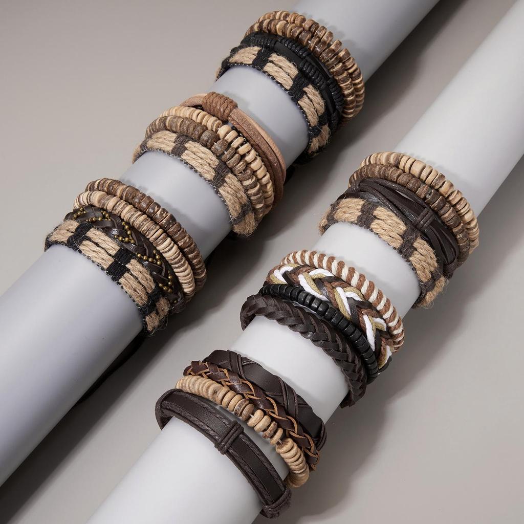 Men's Multi-Layer Bracelet Set with Wooden Beads and Braided Leather