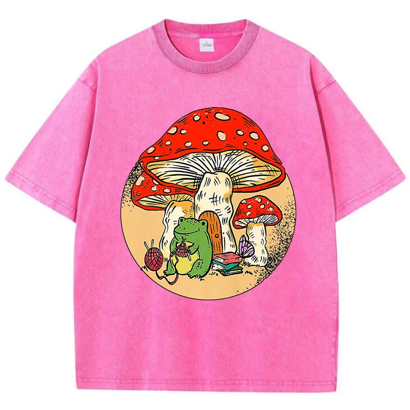 Милая Лягушка Вязание Грибной Принт Женская Стиранная Футболка Хлопок Летняя Футболка Мягкая Свободная Уличная Одежда Y2K Короткие Рукава