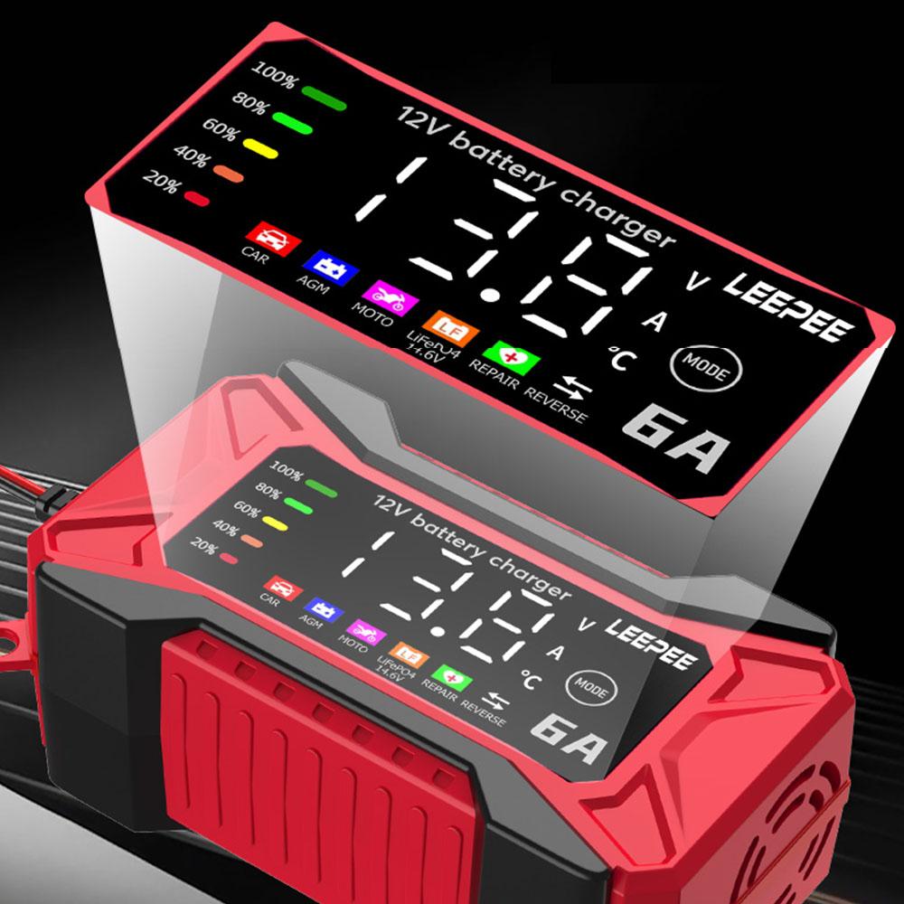 Защита от перенапряжения Внедорожник Мотоцикл Грузовик Обнаружение напряжения и температуры Автомобильное зарядное устройство для аккумулятора 12В 6А Интеллектуальное импульсное восстановление 2025 Цифровой ЖК-дисплей