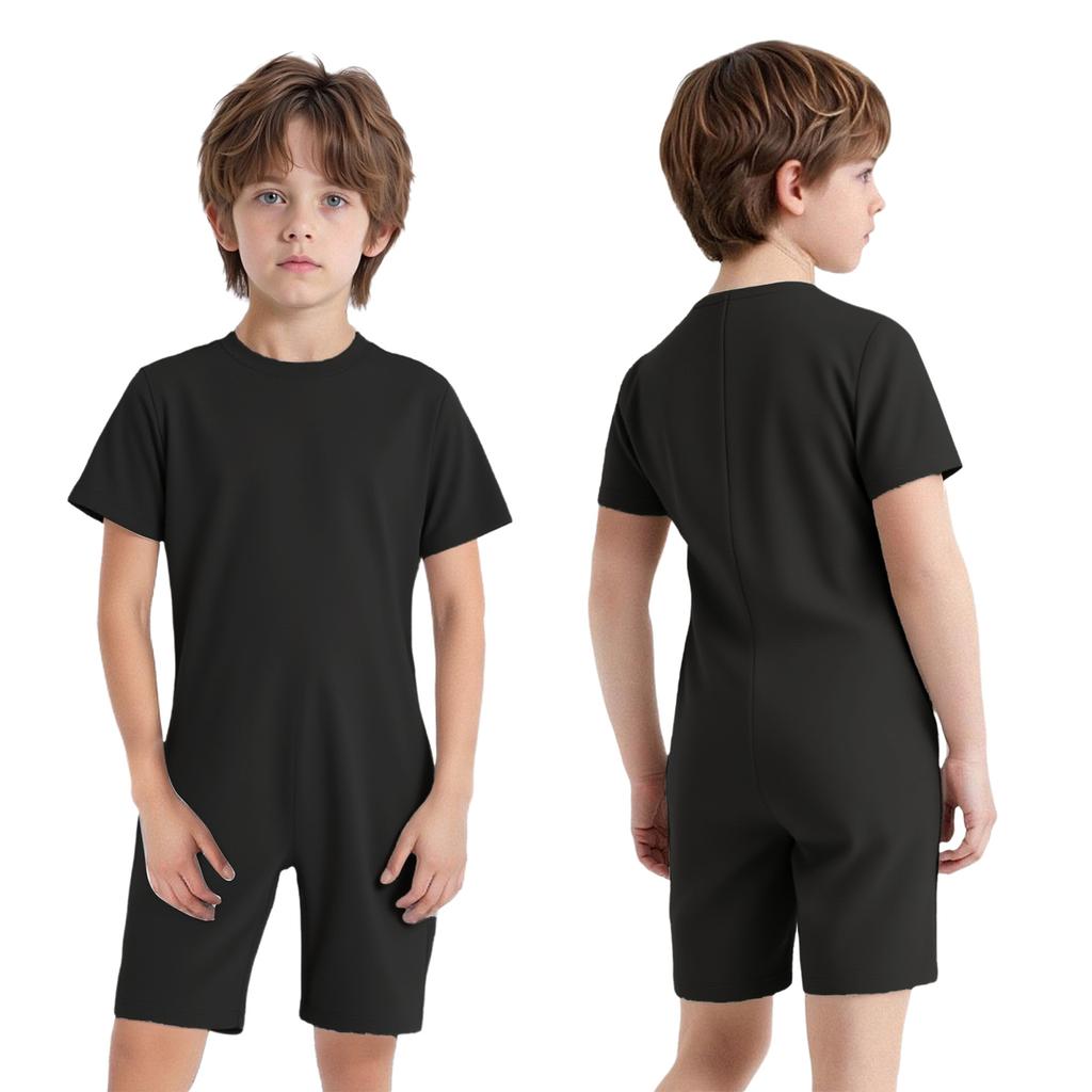 Kids Girls Boys Adaptive Clothing Round Neck Short Sleeve Back Zipper Solid Color Jumpsuit