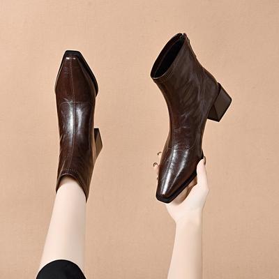 Остроносые короткие ботинки, прямые ботинки, женские, простые, с темпераментом, с задней молнией, кожаные ботинки, на высоком каблуке, ботинки челси