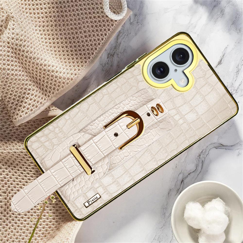 For iPhone 16 Case Crocodile Texture PU Leather+TPU Electroplating Phone Cover Wristband Kickstand - White