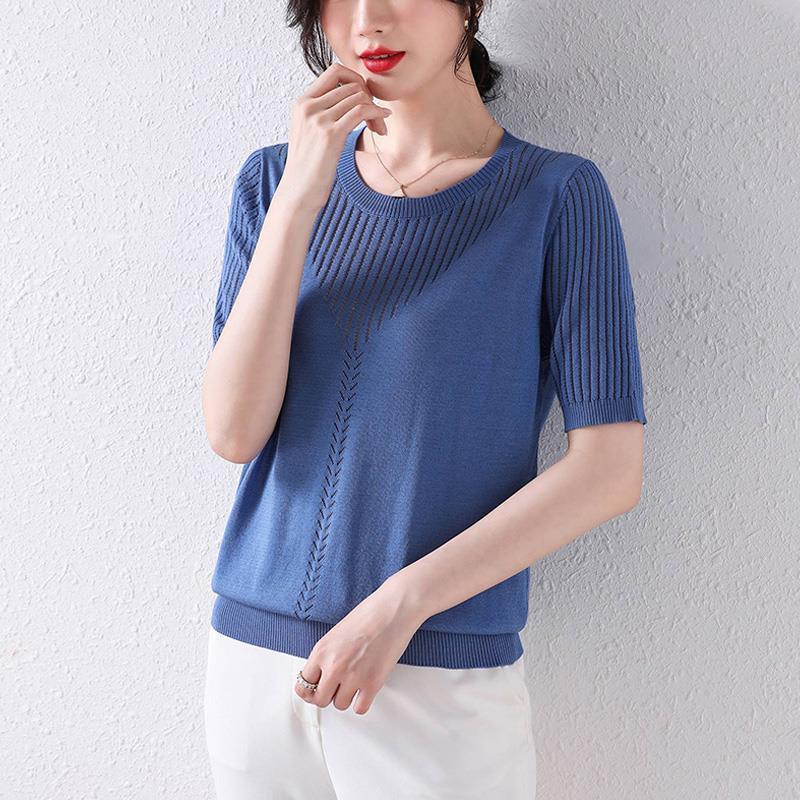 Summer Ice Silk Shirt Women Short Sleeve T-Shirt Blouse Maternity Clothes Summer Openwork Fashion Crop Top