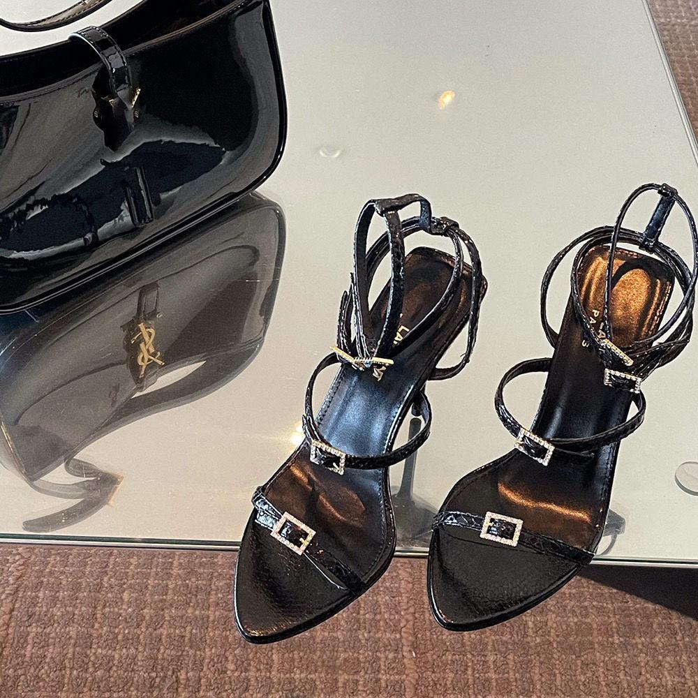 Haute couture 2025 spring and summer new temperament rhinestone square buckle super high heel sandals women's sexy side space thin heel open-toed w