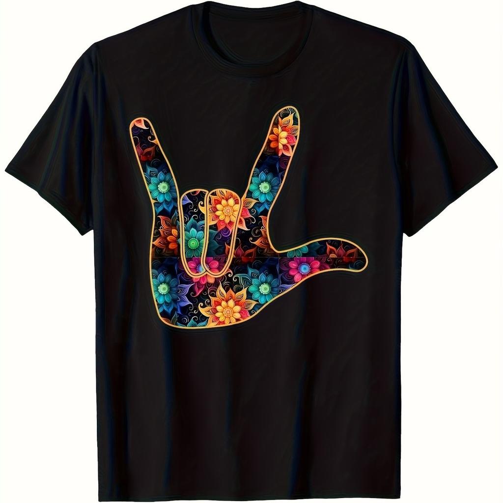 I Love You Hand Sign Floral Graphic Tee Breathable Cotton Short Sleeve Casual Unisex TShirt