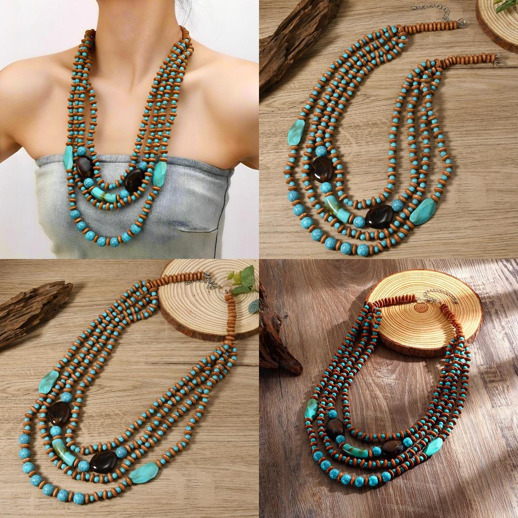 Art Bohemian Multilayer Wooden Pearl Necklace Round Geometric Decoration Women