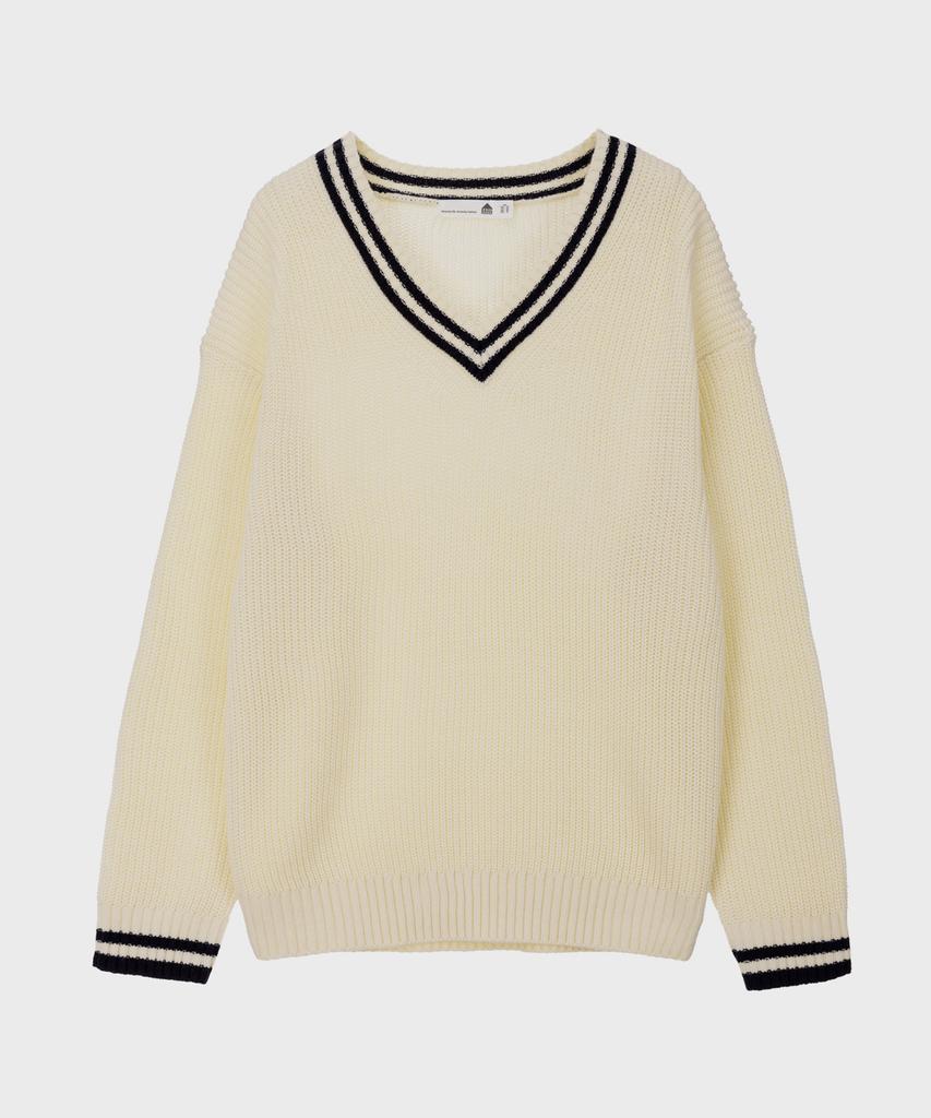 BASIC HOUSE Uni V-Neck Contrast Knit Ivory Lxkt2102