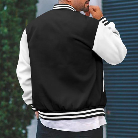 Men Baseball Jacket Stand Collar Long Striped Patchwork Closure Color Buttons Sleeve Jacket Coat with Two Side Pockets