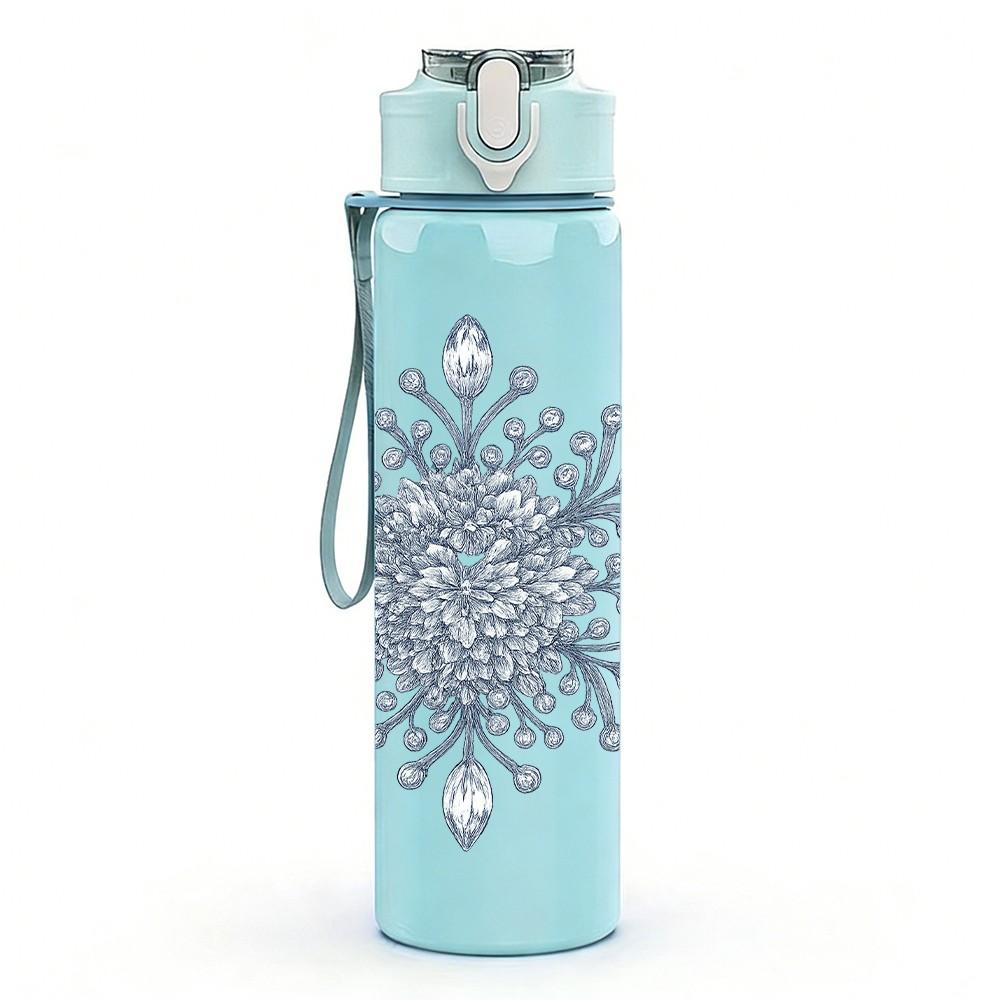 1PC Snowflake Winter Frost Pattern Print 750ml Color Plastic Sports Water Bottle Leakproof Flip Straw Lid Suitable for Sports Office Home Use