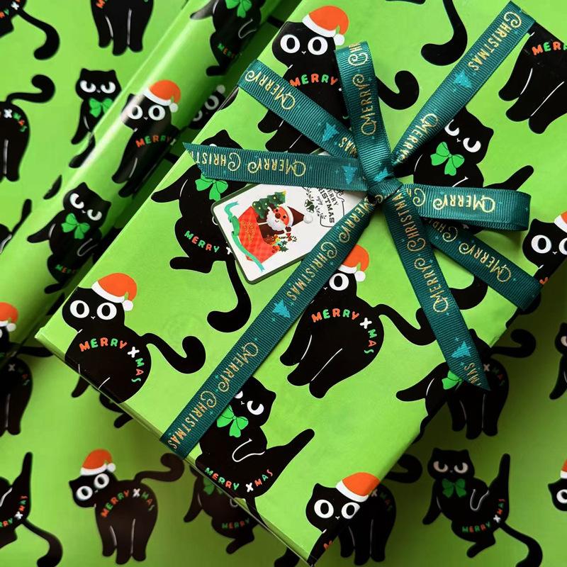 Christmas Cat Pattern Gift Wrapping Paper Roll Cute Animal Printed Paper Sheet Holiday Present Package Cover DIY Craft Paper