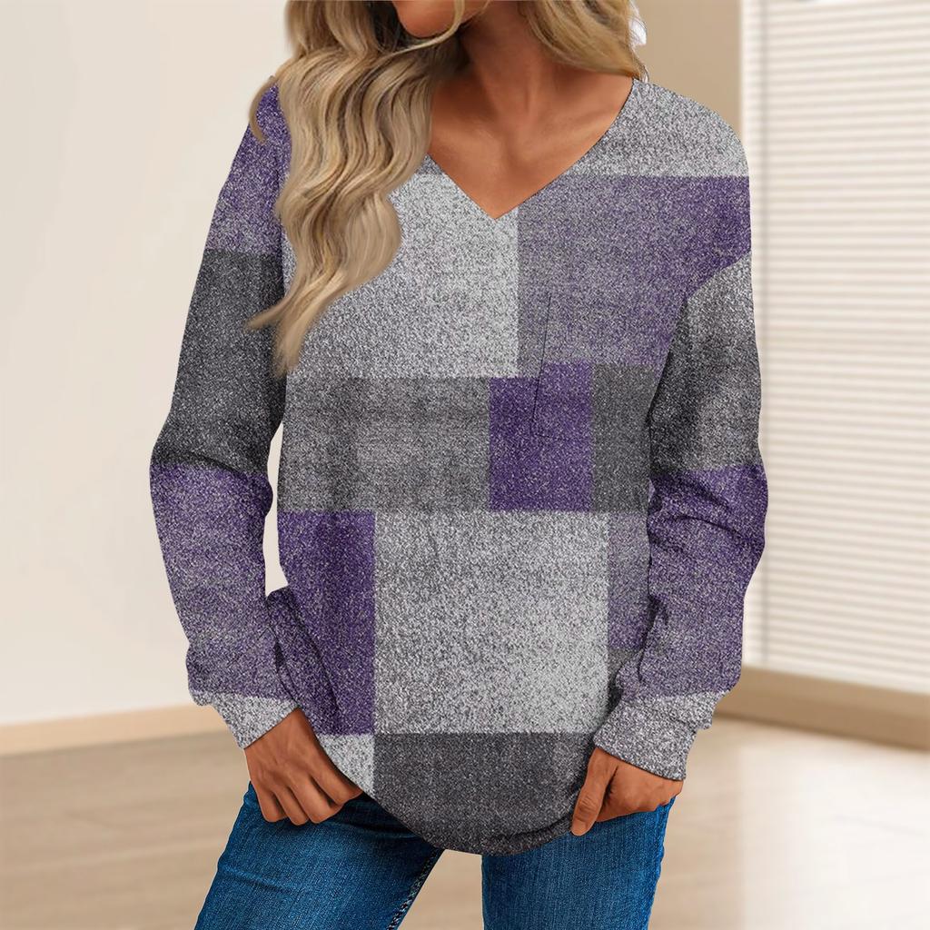 Women's Fashion Casual Long Sleeve Printed V- Neck Sweater Top