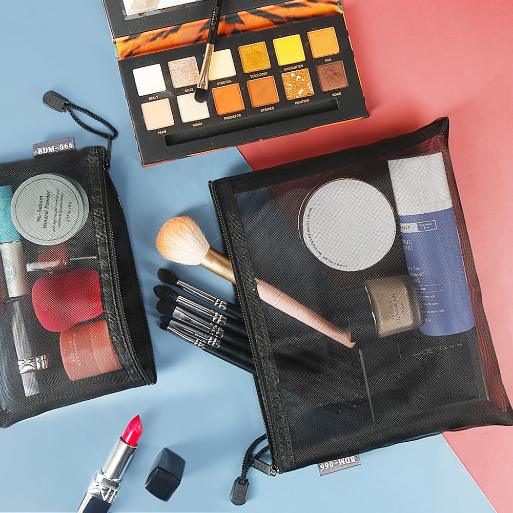 Besharppin Mesh Cosmetic Pack of 6 Makeup Pouch for Cosmetics Storage and Small Items for Business Trips and Travel Pouch, (Black)