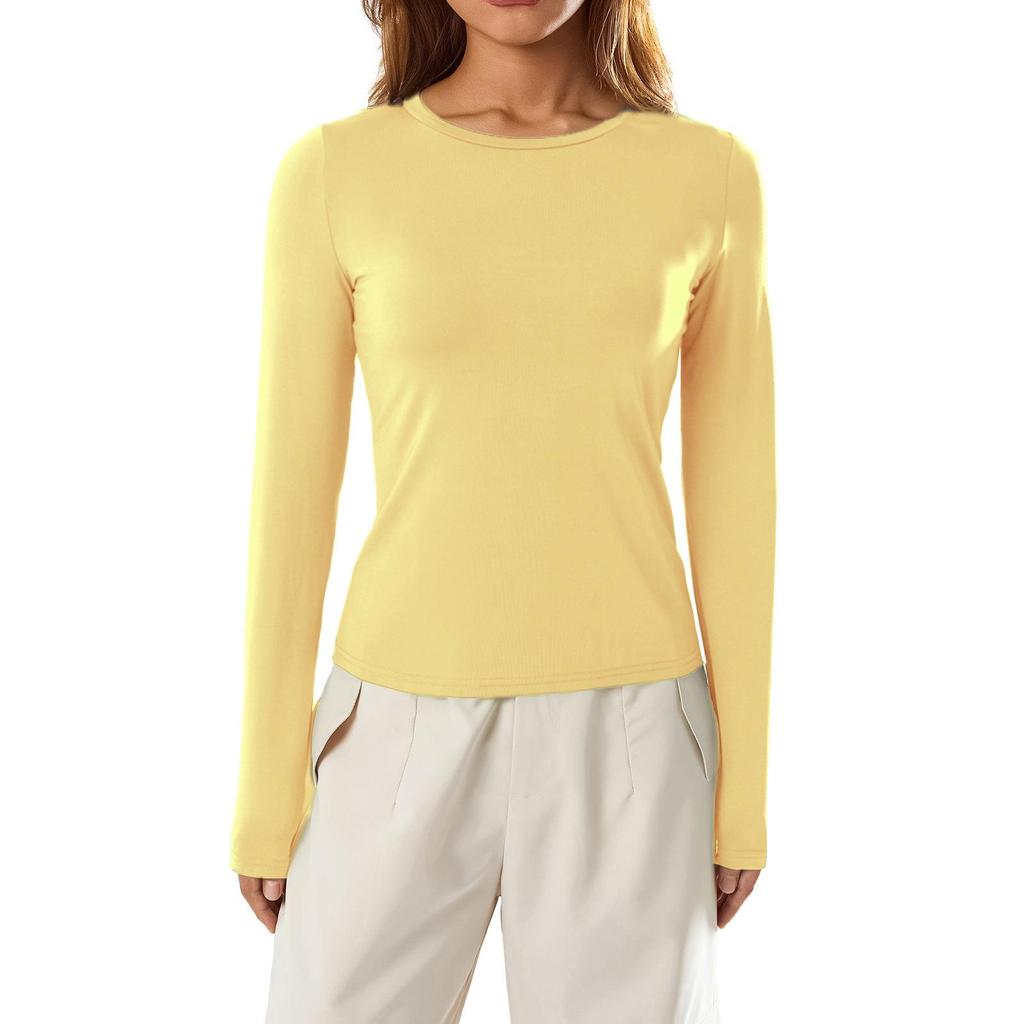 2023 Женская футболка с длинным рукавом, приталенная, нестандартная, однотонная, с круглым вырезом