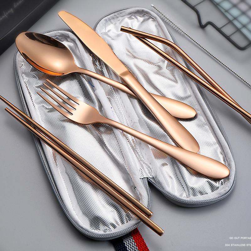 8Pcs Tableware Set Stainless Steel Spoon Fork Chopsticks Straw Cleaning Brush with Storage Case for Eco Friendly Outdoor Lunch