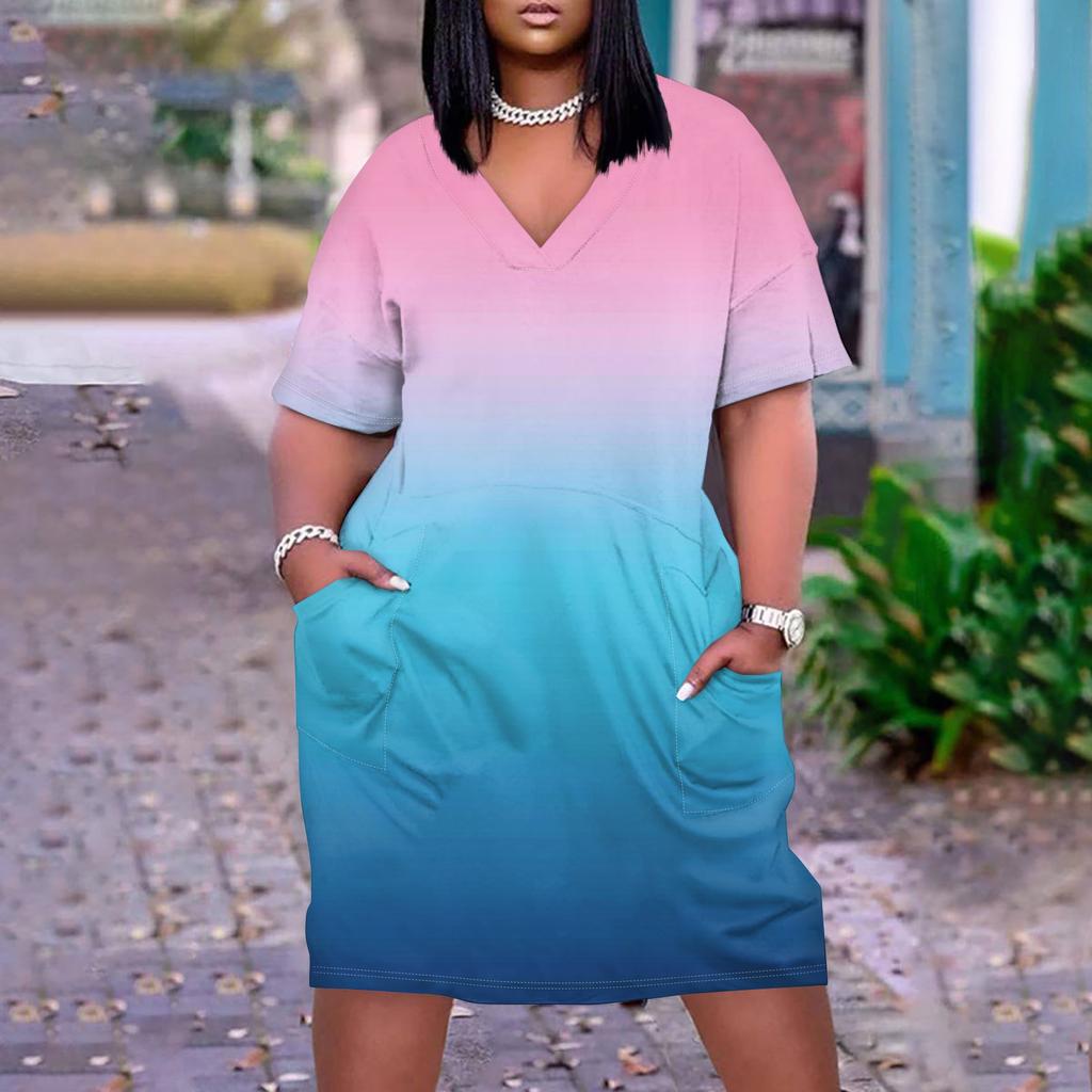 Лето плюс размер V-образным вырезом с коротким рукавом и карманом до колена с градиентным принтом повседневное платье для женщин