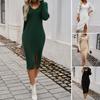 Autumn and Winter Women's Sexy Slim V-neck Slit Sweater Dress