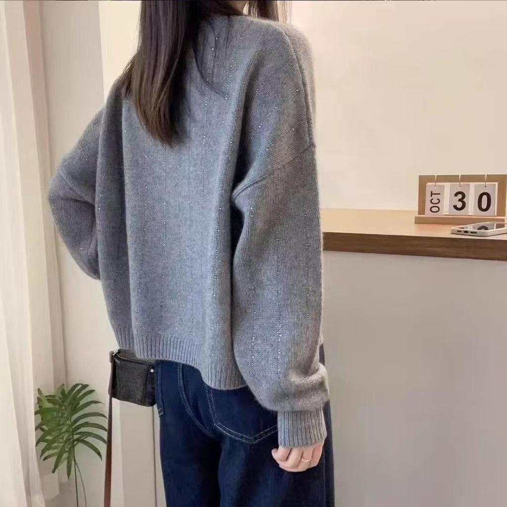 Свитер с круглым вырезом, свободный пуловер с длинными рукавами для женщин, однотонный трикотаж для осени и зимы, утолщенный базовый слой, повседневный вязаный свитер-топ