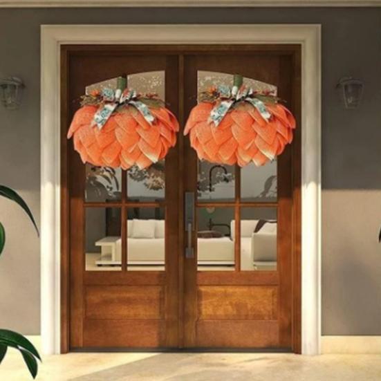 Farmhouse Pumpkin Wreath for Front Door Autumn Burlap Pumpkin Garland with Bows Berries for Fall Halloween Christmas Thanksgiving Home Porch Decor