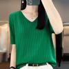 Women Knit T-shirt Summer Knitted Shirt Short Sleeve Tees V-neck Knit Pullover Knit Tops