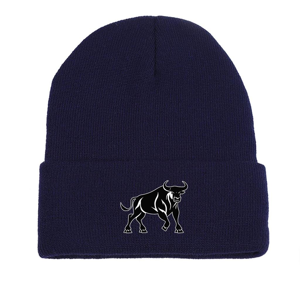 Черная вязаная шапка с принтом быка, шапка-бини с изображением животных, модная вязаная шапка-бини с напуском