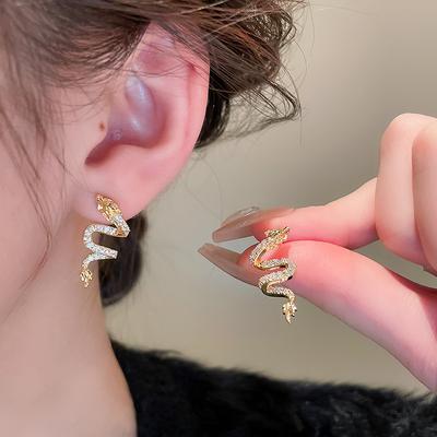 Серьги-гвоздики из серебра в китайском стиле, легкая роскошь, цирконы, в форме знака зодиака дракон, покрытие настоящим золотом, серьги для темперамента