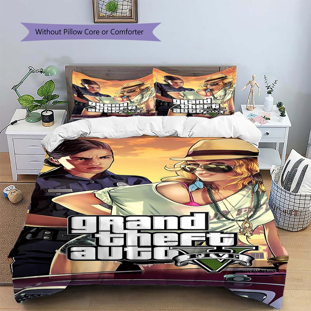 Постельное белье с узором Grand Theft Auto, Комплект с одеялом, Пододеяльник, Наволочка, Домашний подарок на день рождения (1 пододеяльник + 2 наволочки, без наполнителя)